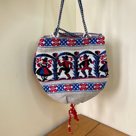 Hand Crafted Handbags - Scandinavian Embroidered Tapestry Fabric Purse Vintage Drawstring Pouch